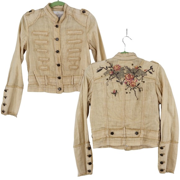 SL Los Angeles Jackets & Blazers - SL Los Angeles Embroidered Linen Military Jacket Womens Large Yellow Boho Su